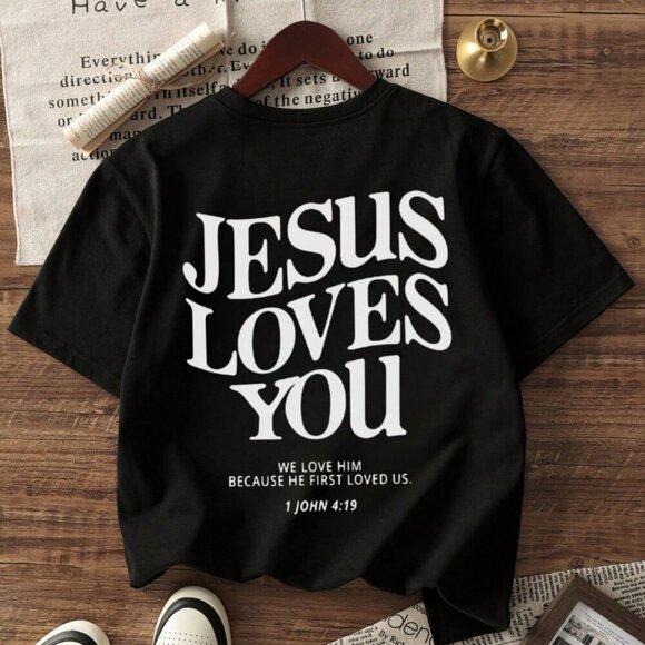Black Casual Womens Jesus loves you Round Neck Short Sleeved Graphic tshirt - Picture 5 of 5